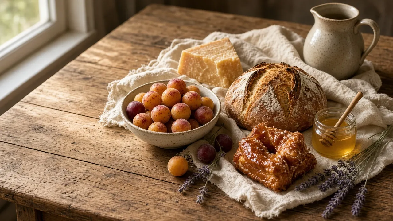 Table de ferme garnie de mirabelles, fromage affiné, pain de campagne, kouign-amann, miel et lavande