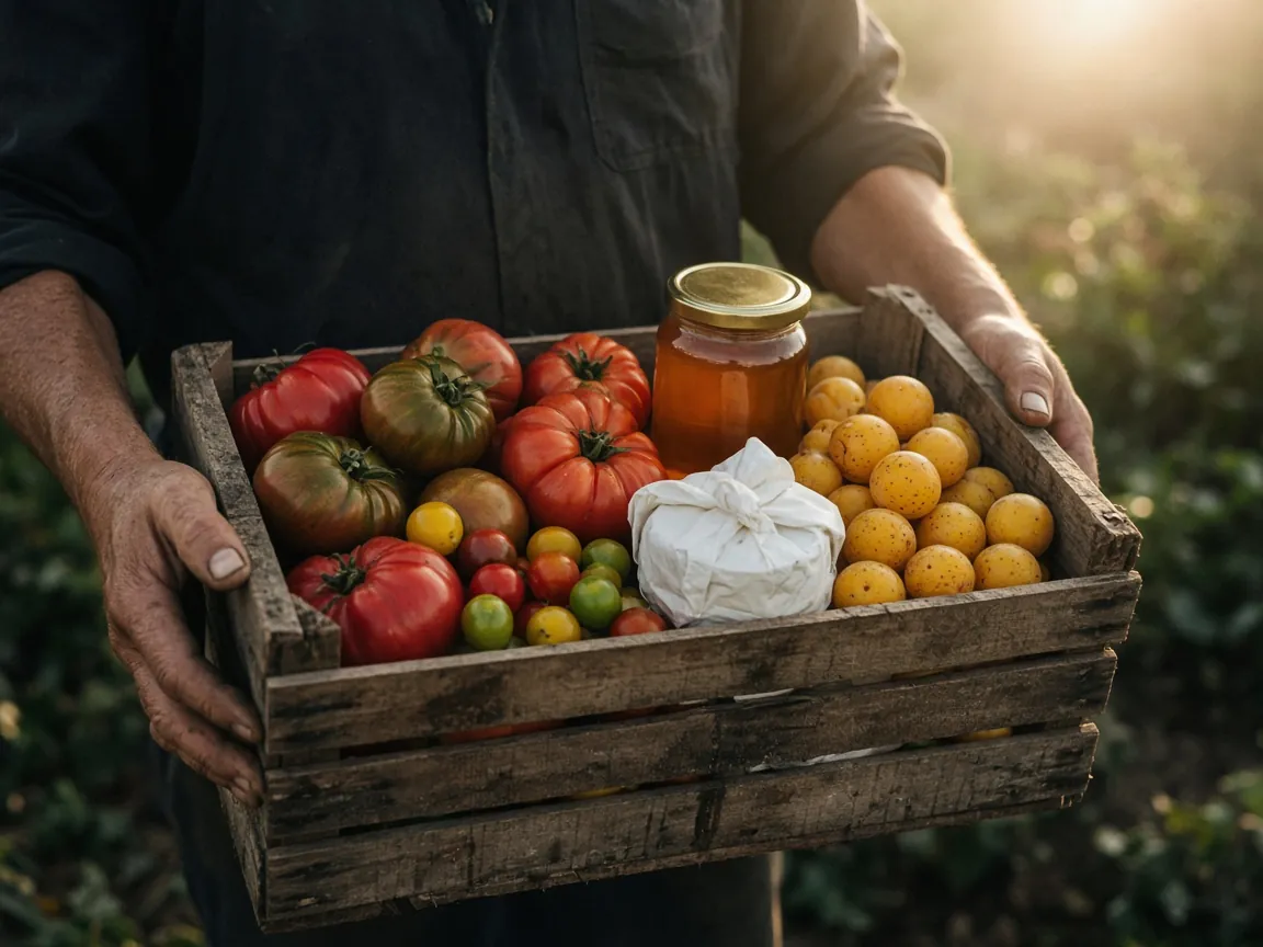 Mains d'un producteur tenant une cagette de tomates anciennes, mirabelles, miel et fromage