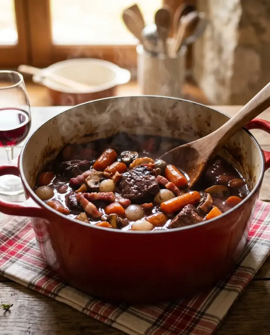 Un bœuf bourguignon mijoté en cocotte en fonte rouge, accompagné d'une bouteille de vin rouge de Bourgogne, de pain artisanal et d'herbes fraîches sur une table de ferme rustique au coucher du soleil.