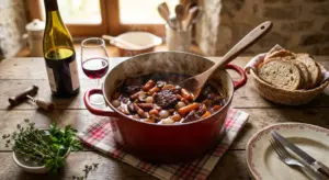 Un bœuf bourguignon mijoté en cocotte en fonte rouge, accompagné d'une bouteille de vin rouge de Bourgogne, de pain artisanal et d'herbes fraîches sur une table de ferme rustique au coucher du soleil.