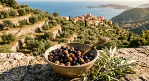 Un bol en céramique rempli d'olives de Nice noires et vertes sur un mur de pierre, avec un village de colline provençal et la mer Méditerranée en arrière-plan au coucher du soleil.