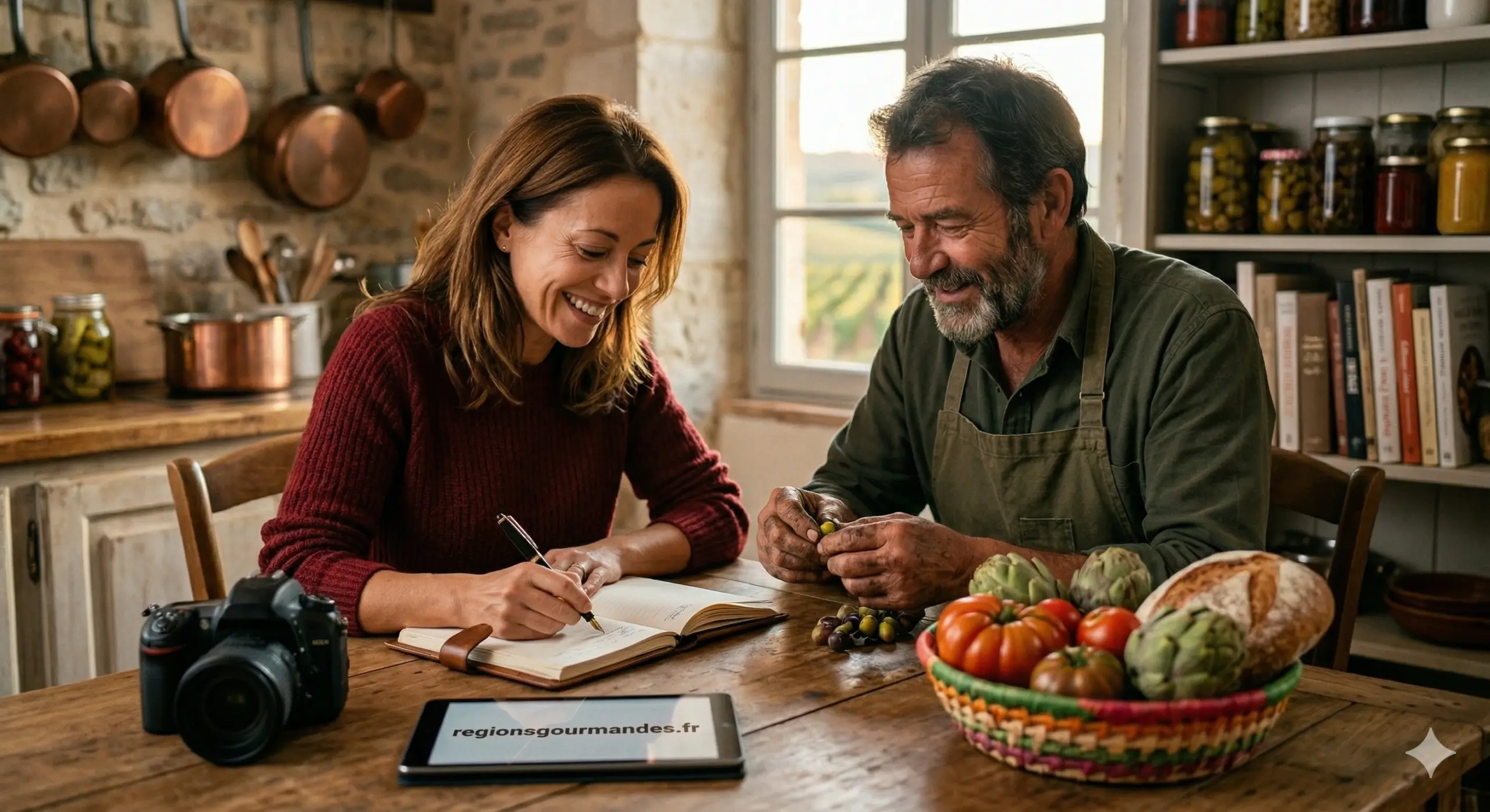 Une blogueuse de Régions Gourmandes prend des notes avec un producteur local sur un marché de terroir, illustrant la proximité et les circuits courts.