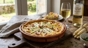 Tarte aux asperges blanches du Périgord IGP et lard fumé, servie avec un verre de vin Bergerac Sec sur une table en bois rustique.
