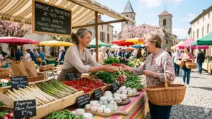 Une scène de marché de producteurs de pays en mai, en France. Une maraîchère souriante offre une barquette de fraises à une cliente qui tient un panier en osier. Le stand est rempli de produits de saison : asperges blanches et vertes, fraises "du Lot", fromages de chèvre fermiers de Dordogne, radis et petits pois. Des panneaux affichent des prix en euros.