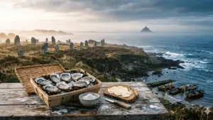 Bourriche d'huîtres de Cancale, tranche de pain au beurre demi-sel et bol de sel de Guérande posés sur une table en bois face à l'océan, avec les menhirs de Carnac et le Mont-Saint-Michel en arrière-plan.