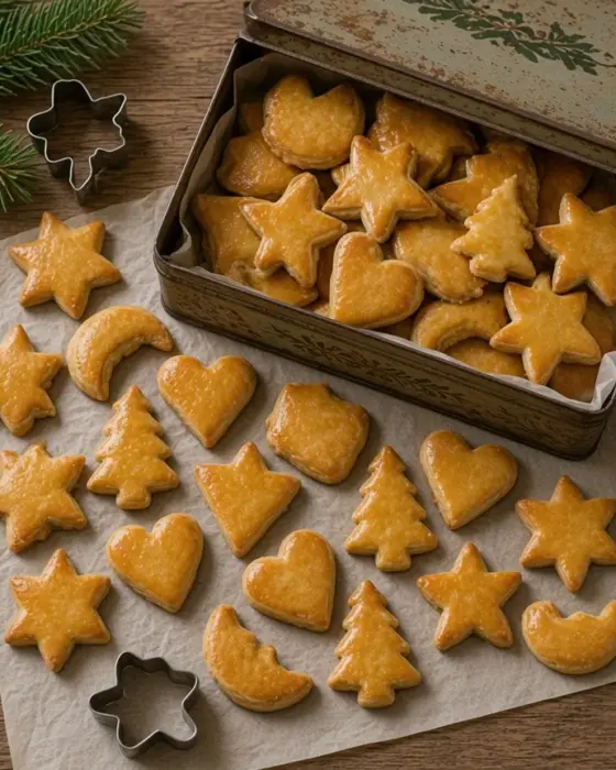 Sablés de Noël au beurre en forme d’étoiles, de cœurs et de sapins, sur papier et dans une boîte en fer, emporte-pièces et branche de sapin