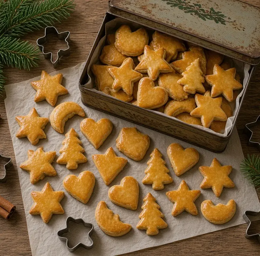 Sablés de Noël au beurre en forme d’étoiles, de cœurs et de sapins, sur papier et dans une boîte en fer, emporte-pièces et branche de sapin