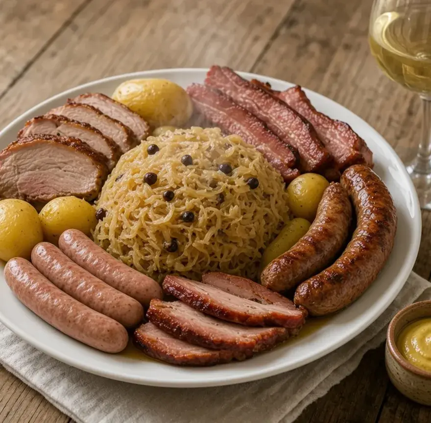 Choucroute garnie sur un grand plat : chou braisé, palette et lard fumés, saucisses de Strasbourg, pommes de terre, moutarde et verre de vin blanc