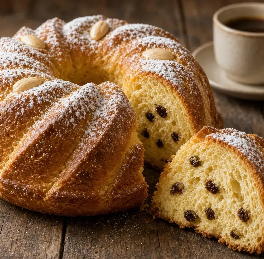 Kougelhopf doré en couronne saupoudré de sucre glace, amandes entières sur le dessus, une part coupée aux raisins et une tasse de café