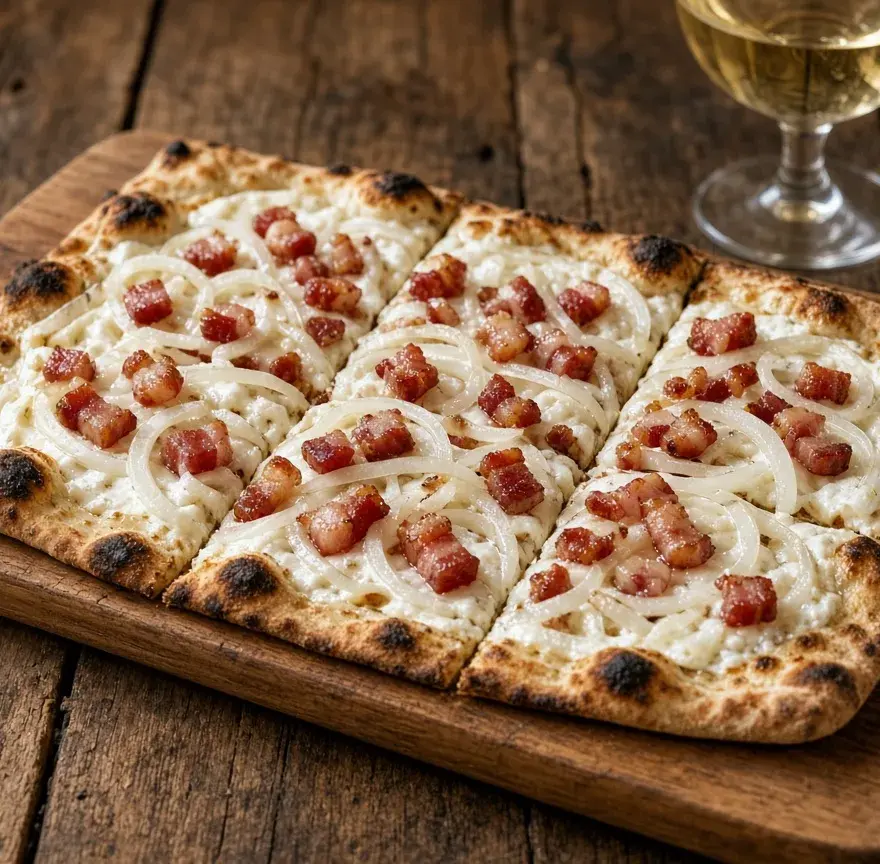 Tarte flambée rectangulaire sur une planche en bois : pâte fine aux bords grillés, crème, oignons et lardons, verre de vin blanc