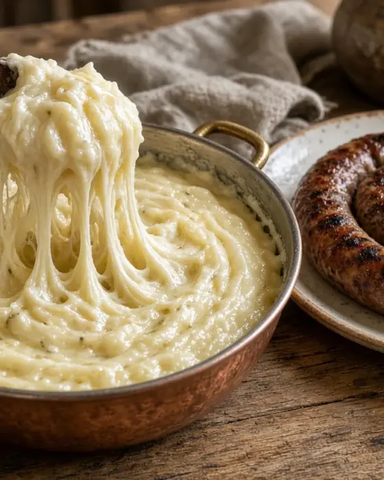 Aligot filant soulevé à la cuillère et saucisse grillée
