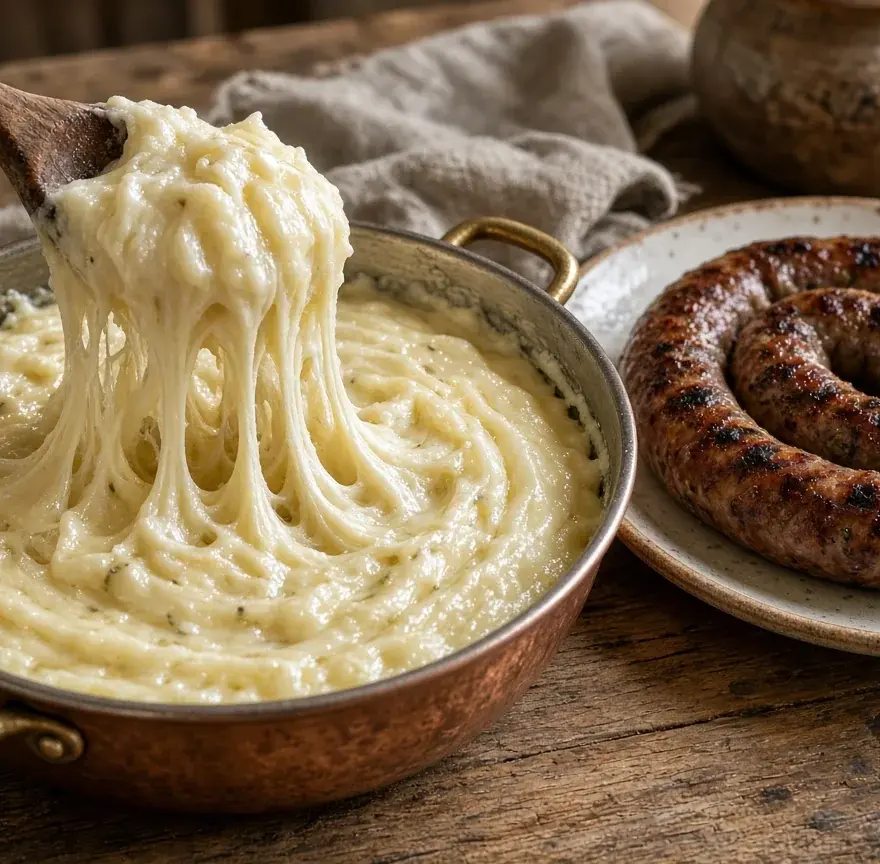 Aligot filant soulevé à la cuillère et saucisse grillée