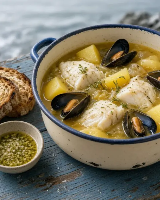 Cotriade : poissons, moules et pommes de terre en bouillon, pain grillé