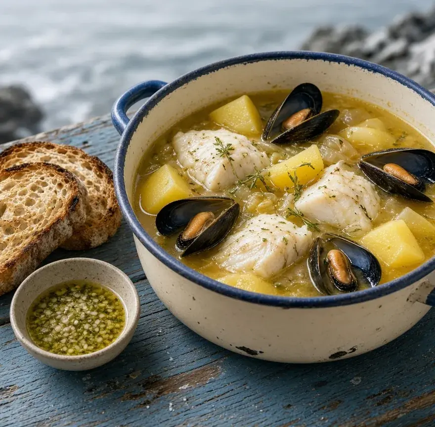Cotriade : poissons, moules et pommes de terre en bouillon, pain grillé