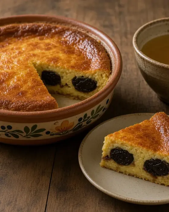 Far breton aux pruneaux dans un plat en terre cuite, une part servie sur une assiette, croûte bien dorée