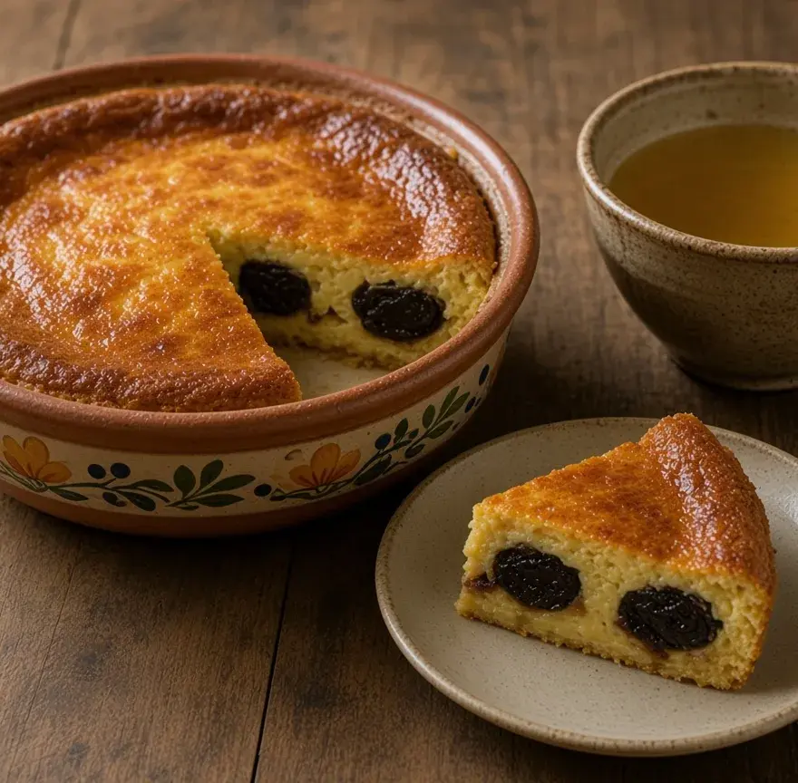 Far breton aux pruneaux dans un plat en terre cuite, une part servie sur une assiette, croûte bien dorée