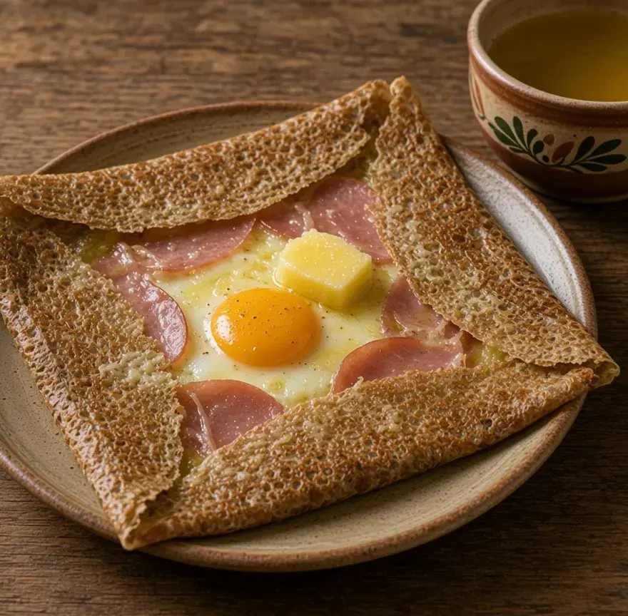 Galette de blé noir complète pliée en carré avec un œuf au plat au centre, jambon et fromage fondu, bolée de cidre