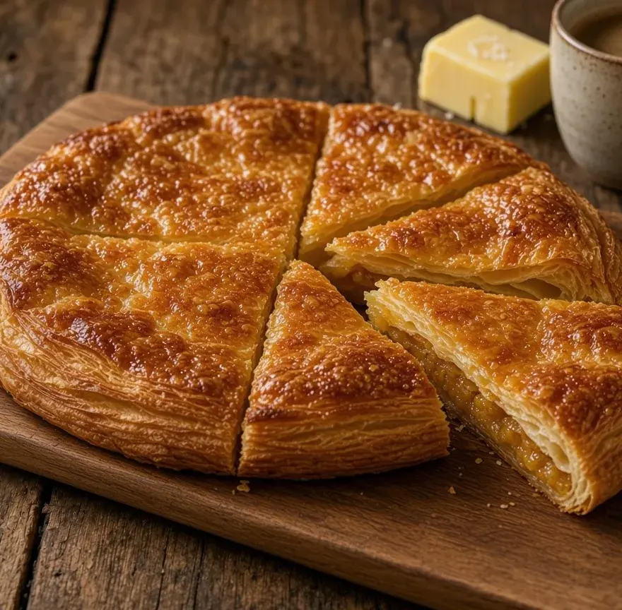 Kouign-amann rond découpé en parts sur une planche en bois, croûte de caramel ambré et feuilletage visible, beurre demi-sel et tasse de café