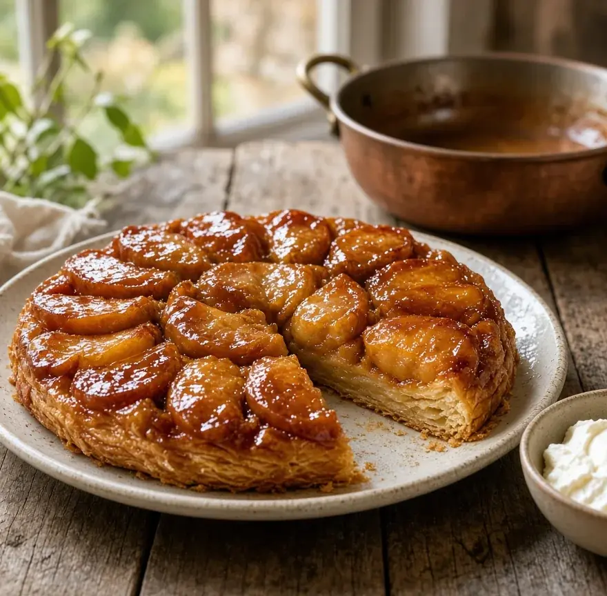 Tarte Tatin aux pommes caramélisées, une part découpée, crème fraîche