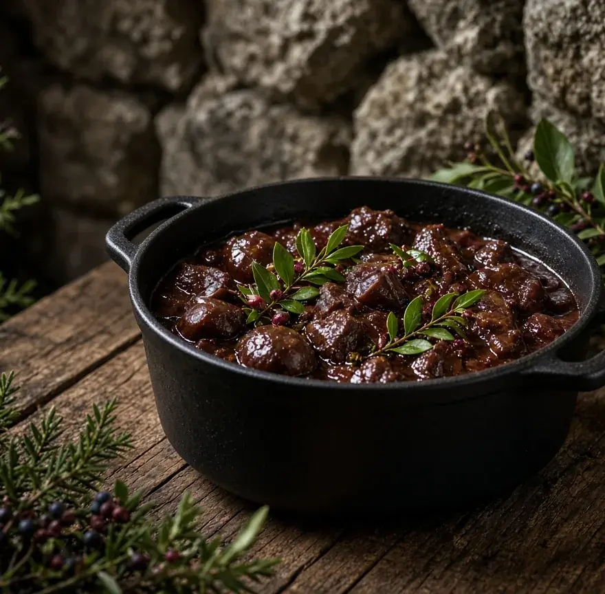 Civet de sanglier en cocotte, brins de myrte