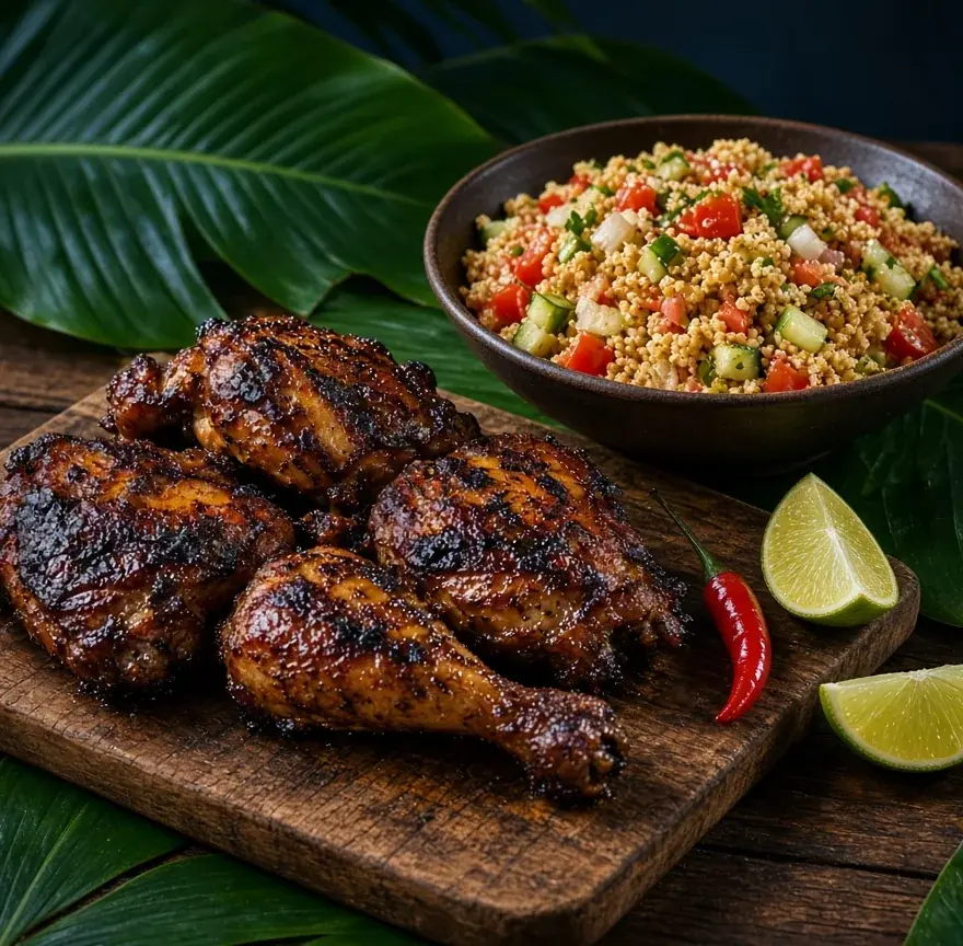 Poulet boucané grillé sur une planche et salade de couac