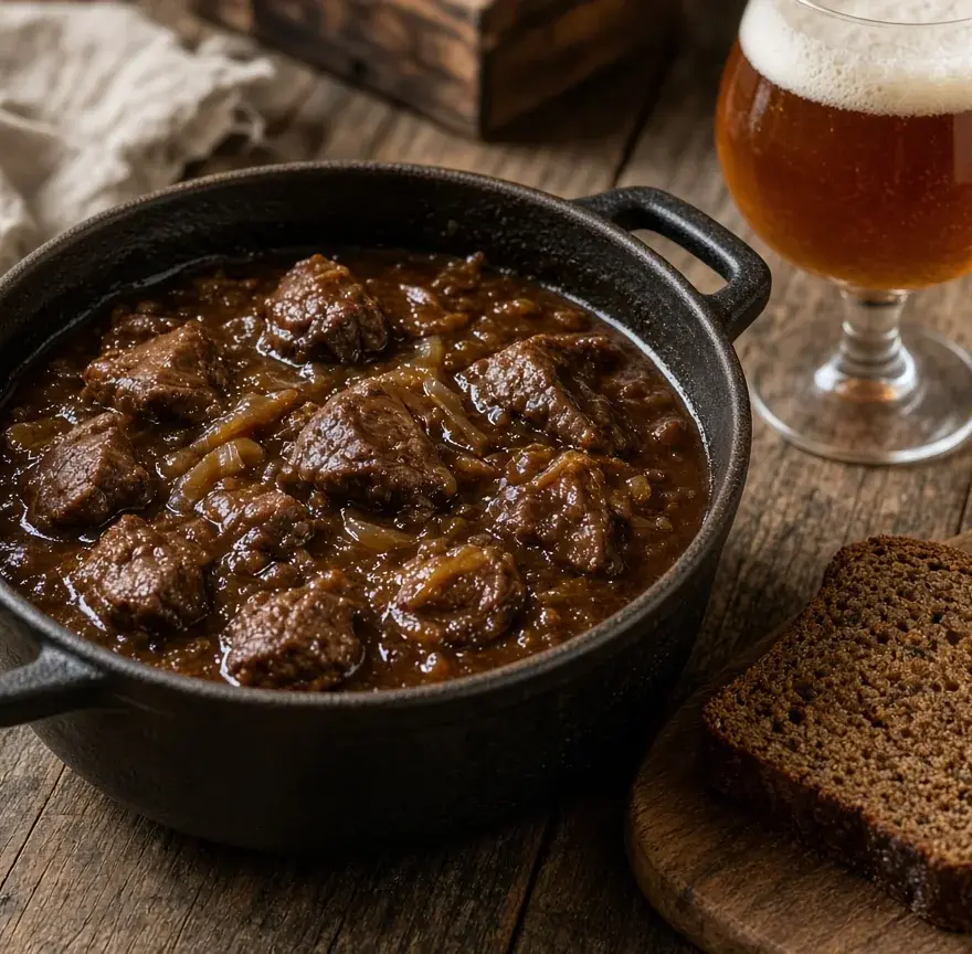 Carbonnade flamande en cocotte, tranche de pain d’épices et verre de bière ambrée