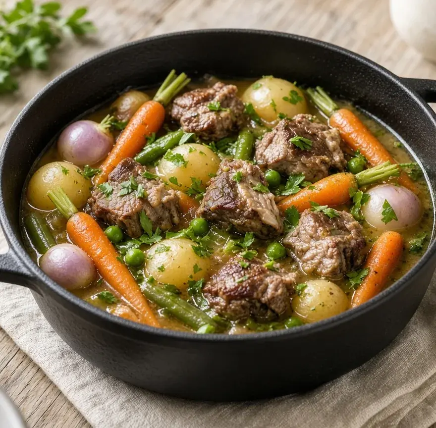 Navarin d’agneau aux carottes, navets, petits pois et pommes de terre nouvelles