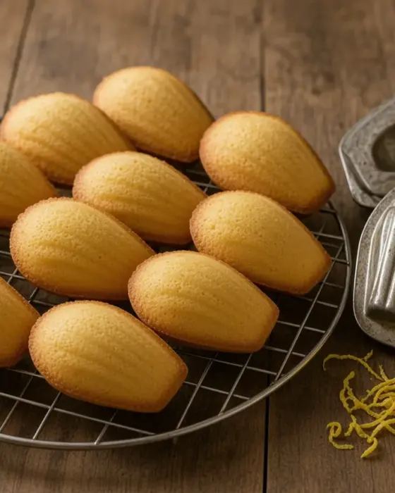 Madeleines dorées à la bosse bien marquée sur une grille, moule à madeleines en métal et zeste de citron