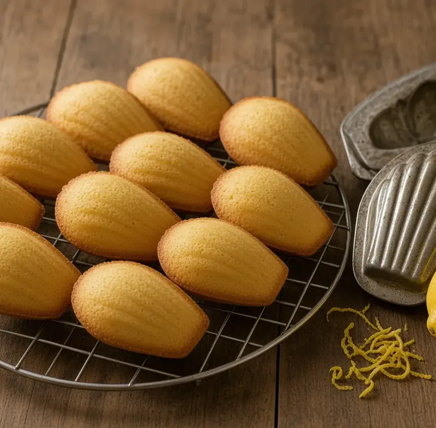 Madeleines dorées à la bosse bien marquée sur une grille, moule à madeleines en métal et zeste de citron