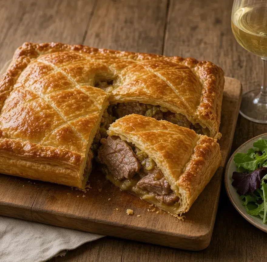 Pâté lorrain doré en croûte feuilletée, une part coupée montrant la farce de porc et de veau, salade verte à côté