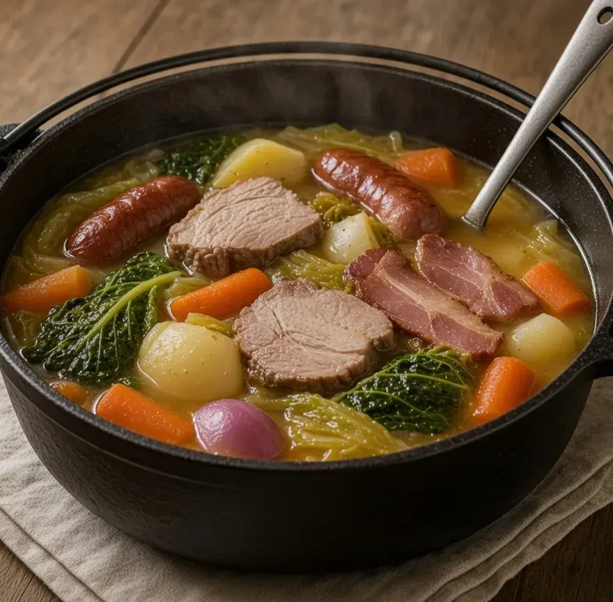 Potée lorraine dans une cocotte en fonte : chou vert, carottes, navets, pommes de terre, palette fumée, lard et saucisses