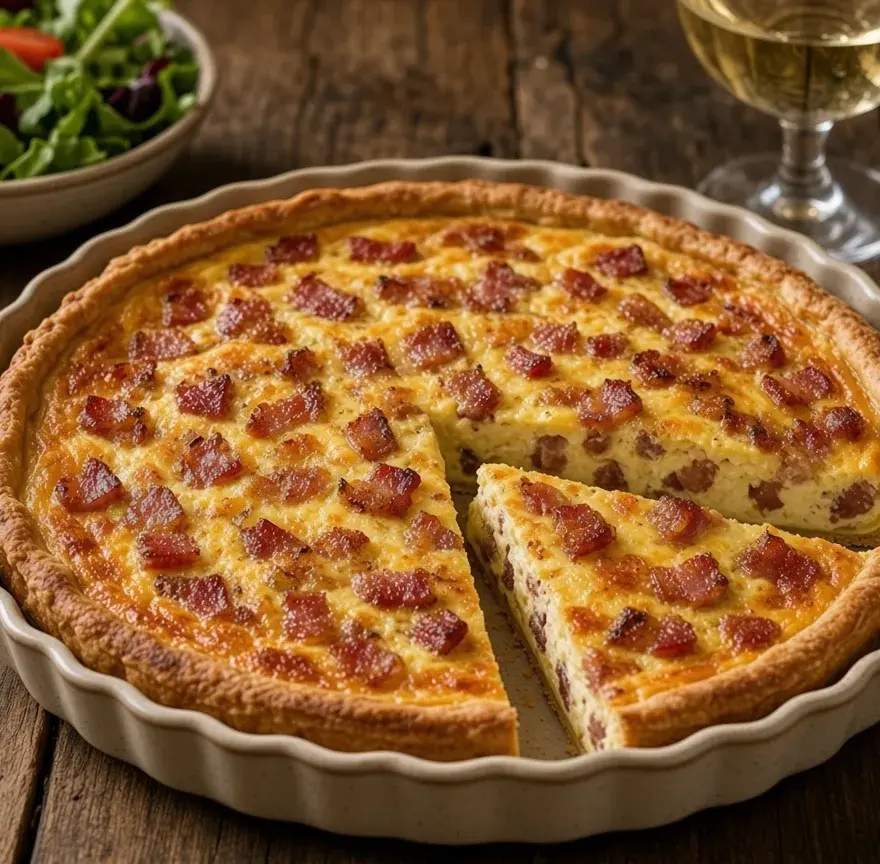 Quiche lorraine dorée dans un moule à tarte en céramique, une part coupée, lardons fumés dans la crème prise, salade verte et verre de vin blanc