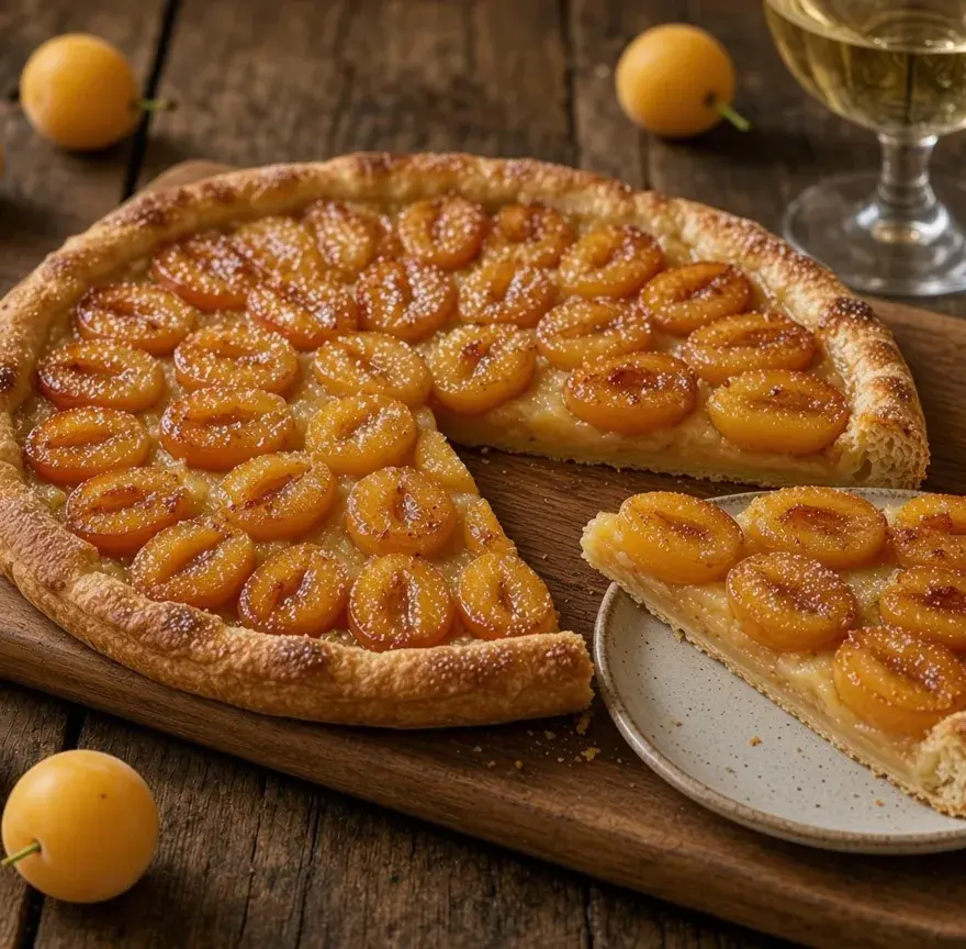 Tarte aux mirabelles sur une planche en bois, demi-mirabelles dorées en cercles, une part servie sur une assiette, mirabelles fraîches autour