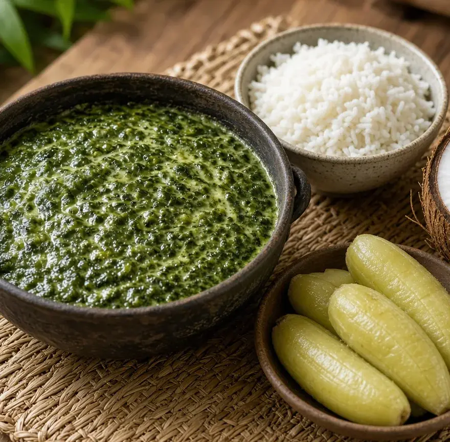 Mataba aux feuilles de manioc et lait de coco, bananes vertes et riz