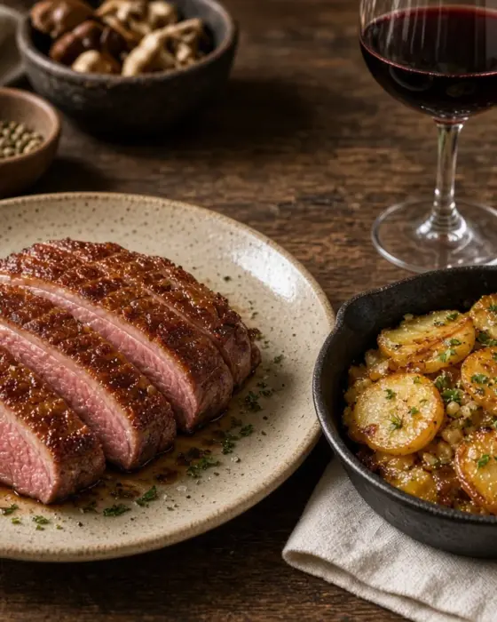 Magret de canard tranché rosé et pommes sarladaises en poêle