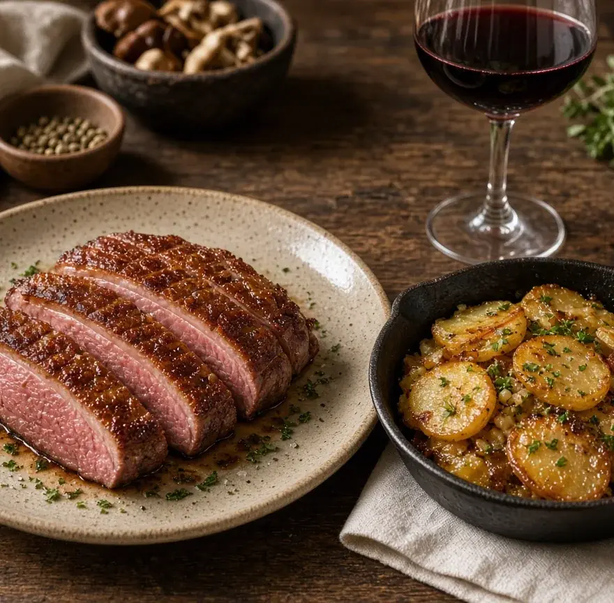 Magret de canard tranché rosé et pommes sarladaises en poêle