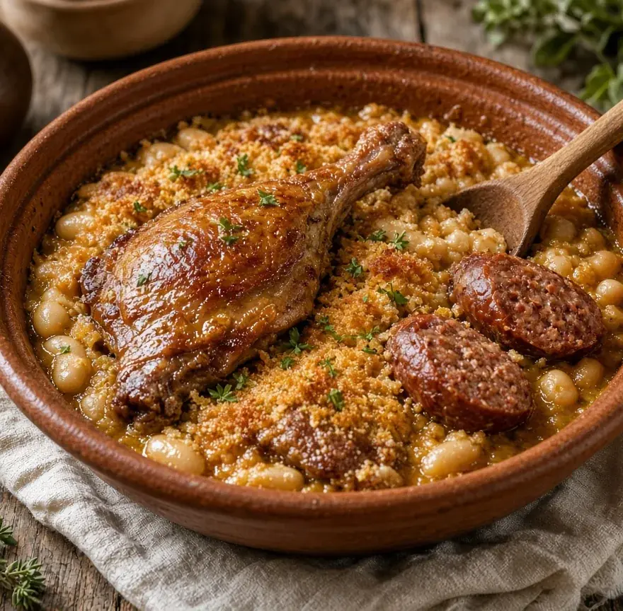 Cassoulet gratiné en cassole avec cuisse de canard confite et saucisse