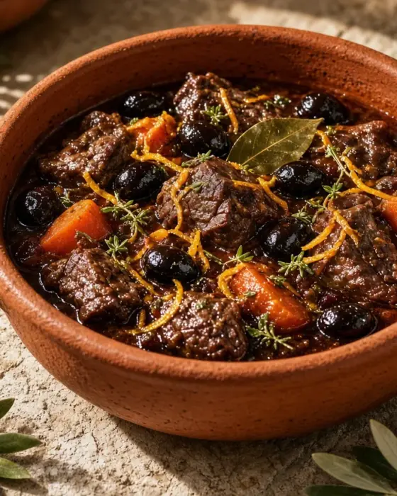 Daube provençale aux olives noires et zestes d’orange dans une daubière