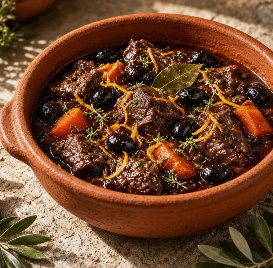 Daube provençale aux olives noires et zestes d’orange dans une daubière
