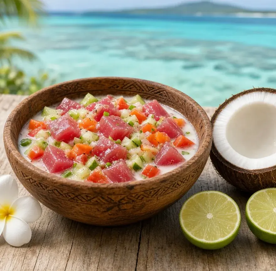 Poisson cru au lait de coco dans un bol en bois, citron vert et noix de coco