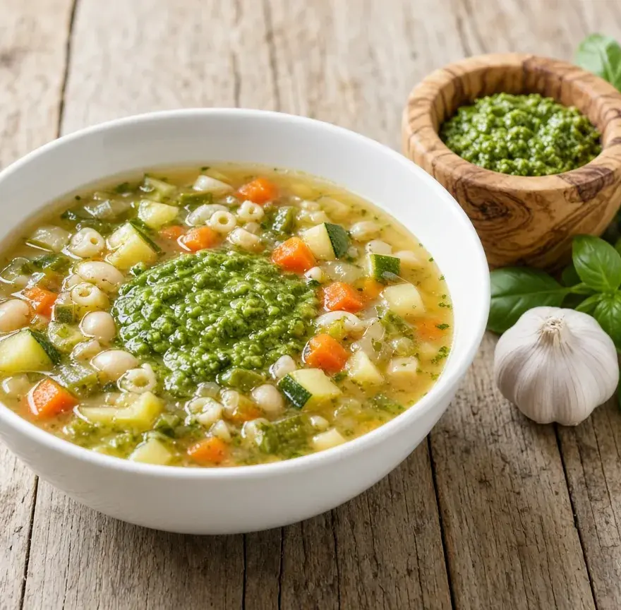 Soupe au pistou dans une assiette creuse, légumes d’été, haricots et petites pâtes, mortier avec pistou au basilic