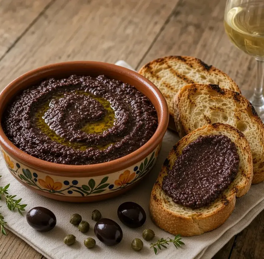 Tapenade noire dans un bol en terre cuite, tranches de pain grillé, olives noires, câpres et brin de thym