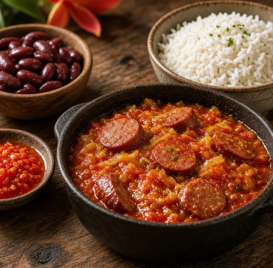 Rougail saucisse en marmite, riz blanc, haricots rouges et piment